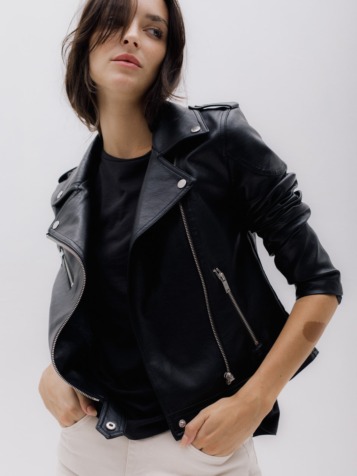 CHAQUETA BIKER EFECTO CUERO ROLLO - Black