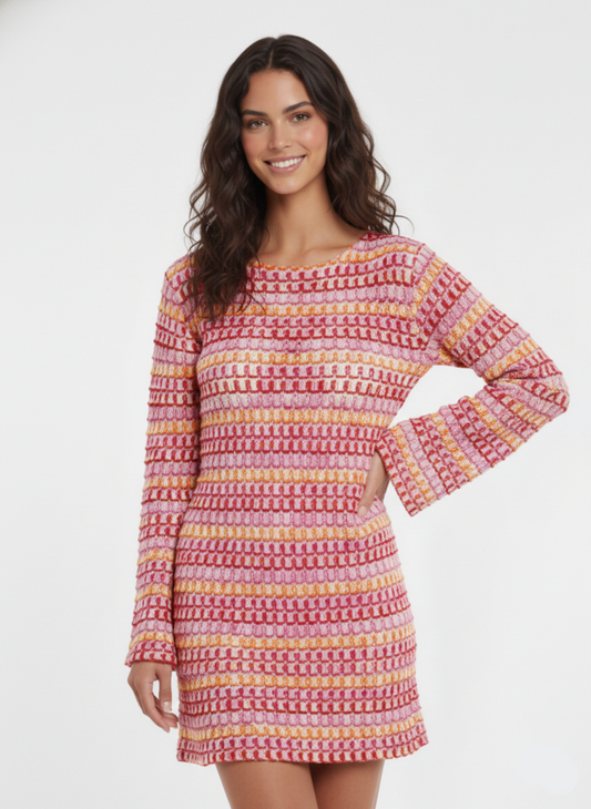 VESTIDO MINI DE CROCHET ANNI-Cloud Cream Pattern:PINK-ORANGE-RED