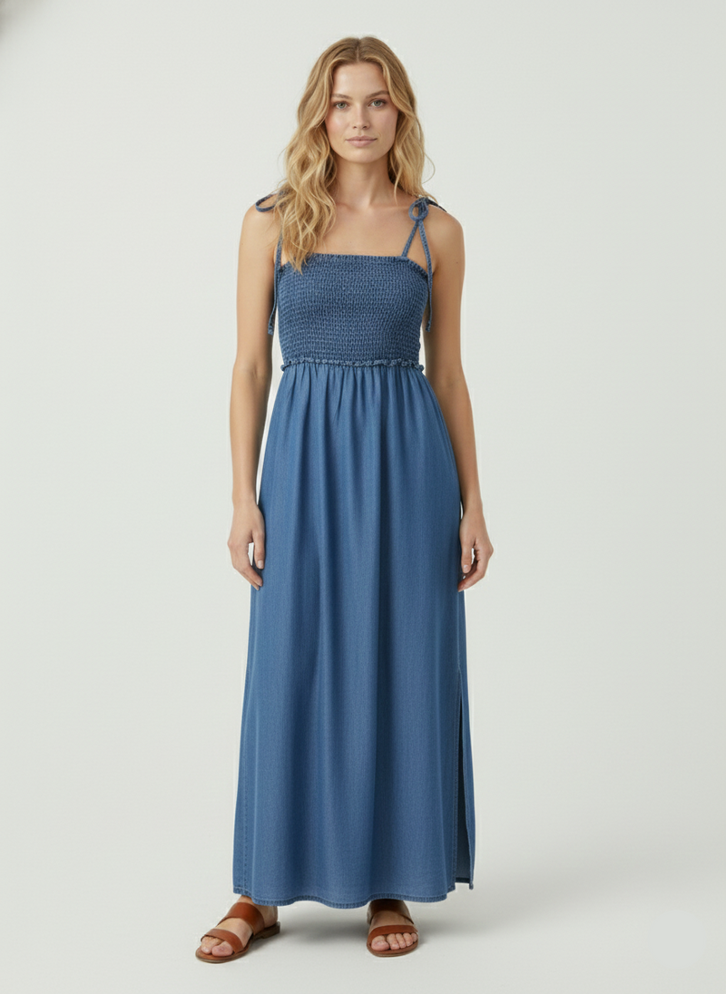 VESTIDO MAXI DENIM RIS-Medium Blue Denim