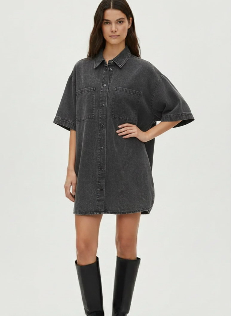 VESTIDO CAMISERO DENIM ACID WASH OREGON-Black Detail:WASHED