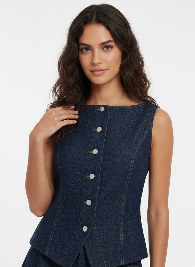 TOP DENIM SIN MANGAS ABIA-Dark Blue Denim