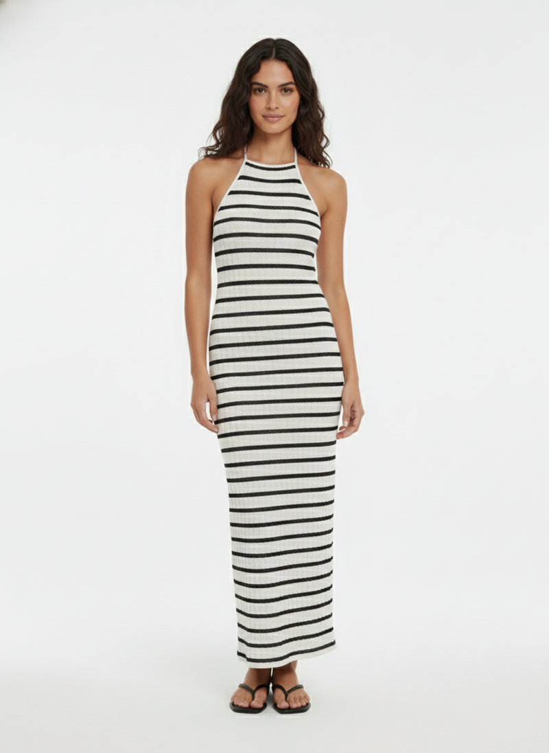 VESTIDO MAXI HALTER HALIA-Cloud Dancer Stripes:BLACK