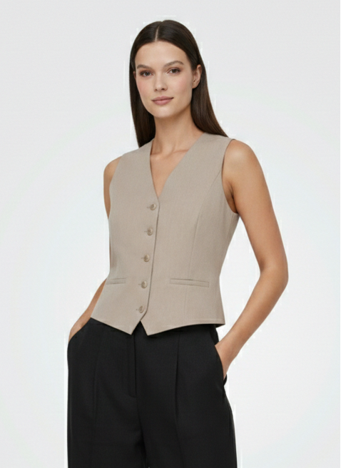 Product CHALECO SASTRERO CON BOTONES HATTIE-Taupe Gray Detail:MELANGE - Image 1