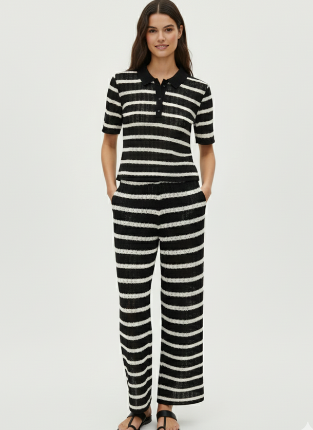 Product PANTALÓN RECTO TEJIDO ALI-Black Stripes:CLOUD DANCER - Image 1