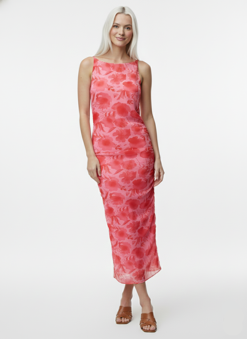 VESTIDO CUELLO BOTE ESTAMPADO ALLY-Pink Tulle AOP:Flowers