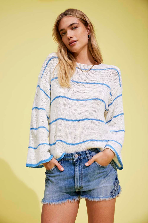 Product SWEATER GEENA - Cloud Dancer Stripes:Azure Blue - Image 1