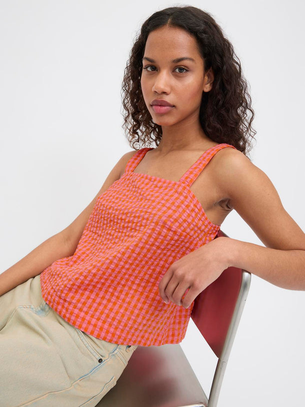 Product TOP CON ESCOTE CUADRADO PETRA-Persimmon Orange Checks:Morning Glory - Image 1