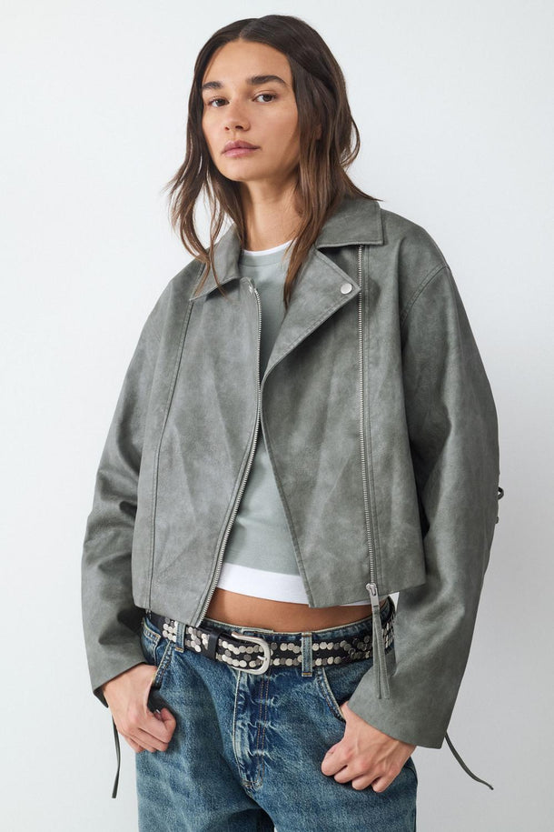 Product CHAQUETA BIKER EFECTO DESGASTADO BMK-Green Tint - Image 2